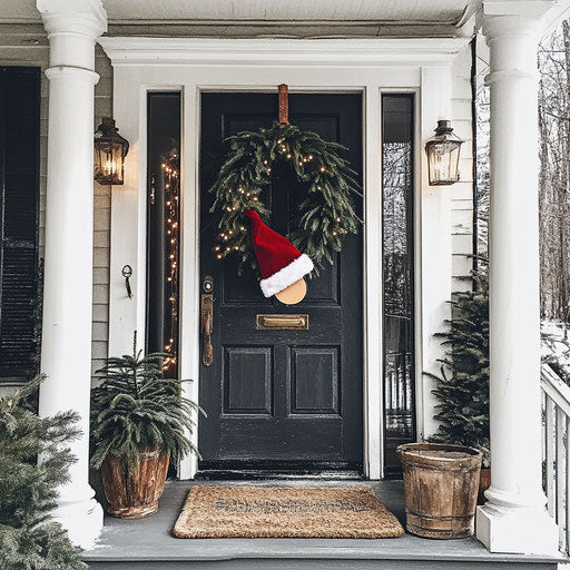 A charming front porch adorned with holiday greens and a Santa hat hanging cheerfully on the door knocker.