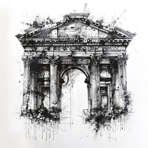 Neo-classical tattoo of a Roman forum in black and grey