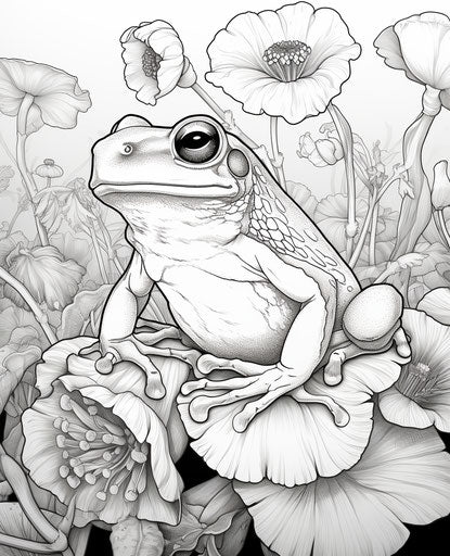 The frog on a flowery background by the black cactus, in the style of meticulous inking, fluid and organic, realistic yet stylized 25:31