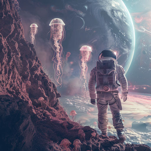 Astronaut encountering alien jellyfish-like creatures