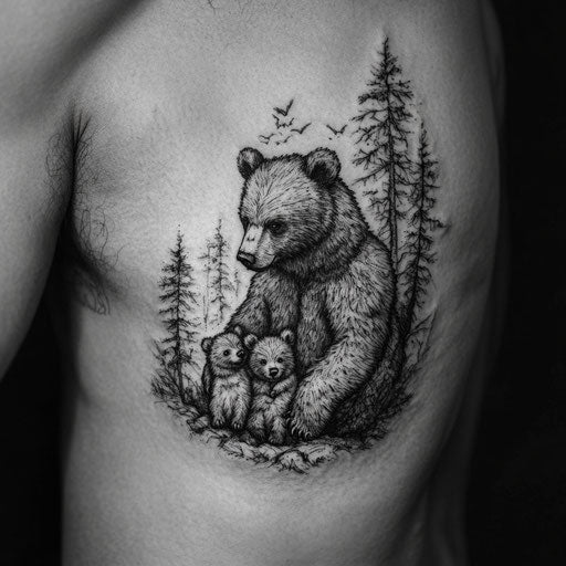 Family tattoos for men, bear protecting its cubs in a forest