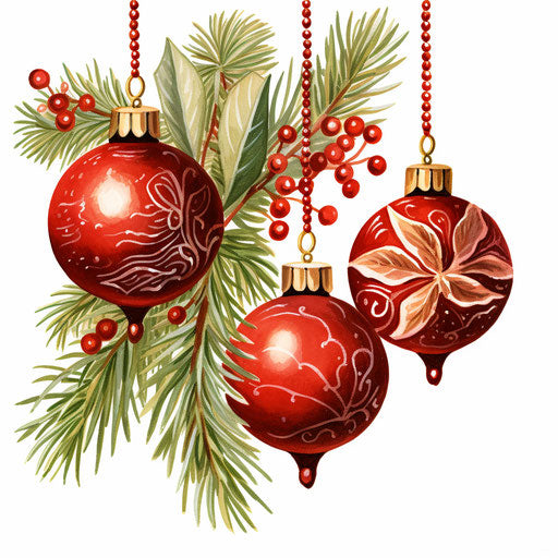 Christmas decorations clipart in the style of Oil painting, on a white background