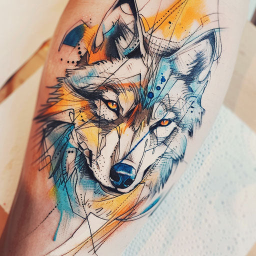 Watercolor tattoo sketch of a lobo with blending colors and a translucent effect