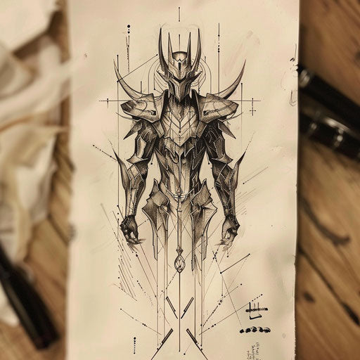 Contemporary tattoo sketch of a shinigami with geometric and abstract armor