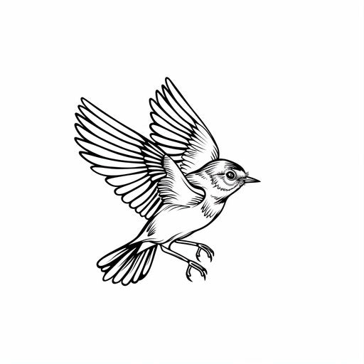 Minimalist flat tattoo sketch of a robin in flight