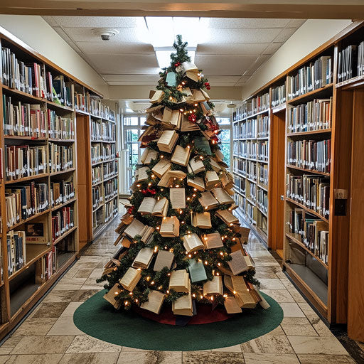 Public library entrance with book-themed Christmas tree