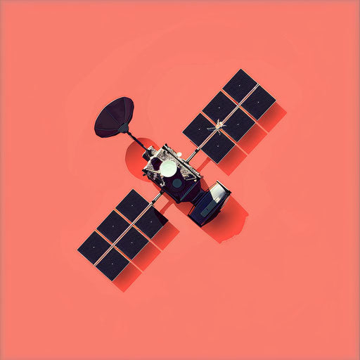 Realistic satellite clipart on flat, vibrant coral background