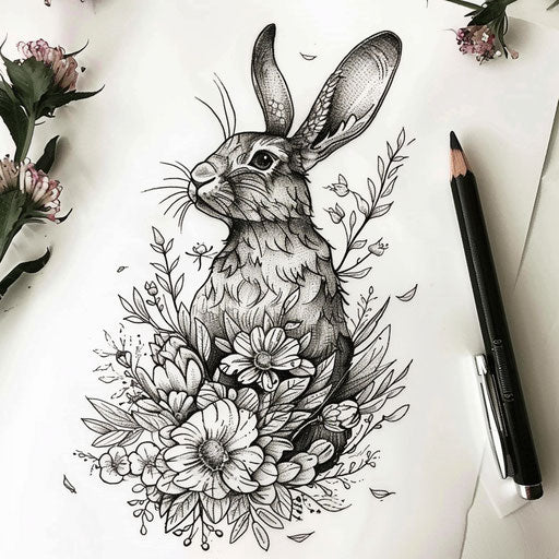 Elegant flat tattoo sketch of a black rabbit surrounded by intricate floral designs