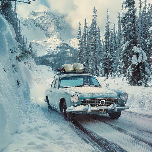 Winter wonder: 1966 Volvo P1800 with ski racks, navigating a snowy pass