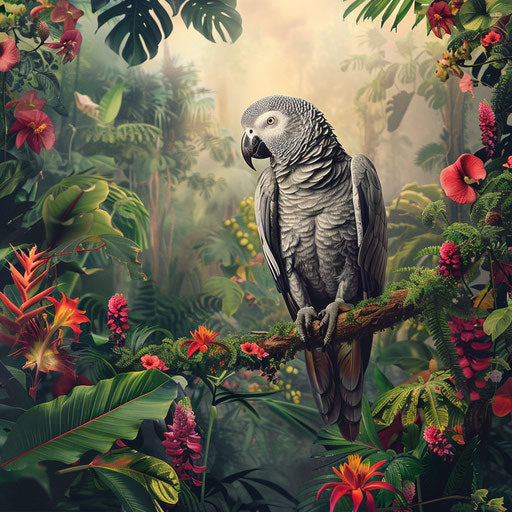 Curious African grey parrot on lush branch