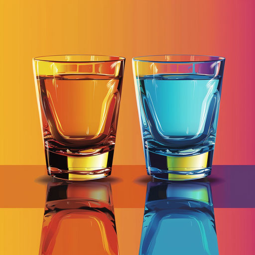 Photo realistic shot glass clipart with flat random color background, enhanced detail and vivid colors