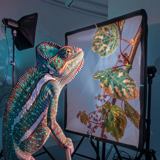 Chameleon in photo studio, poses with backdrops and lighting