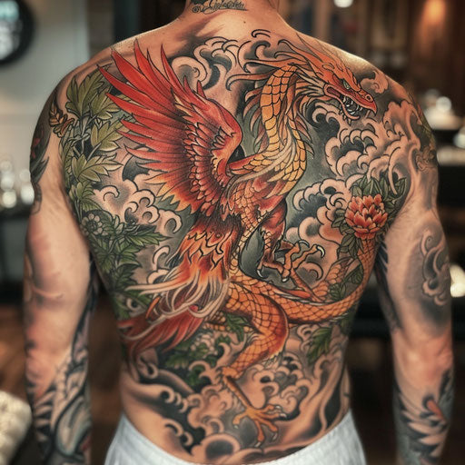 Full back tattoo of a phoenix rising from ashes