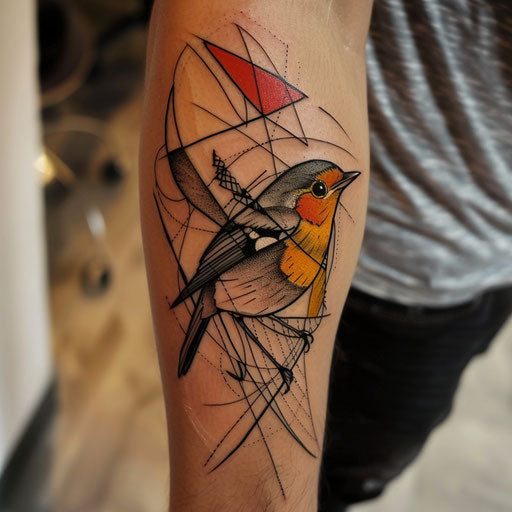 Dynamic flat tattoo sketch of a robin with abstract, colorful tail feathers