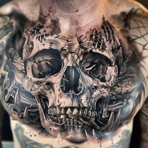 Realism tattoos of detailed skull on the chest