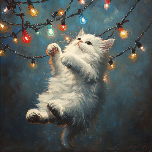 Fluffy white cat tangled in Christmas lights, batting at bulbs