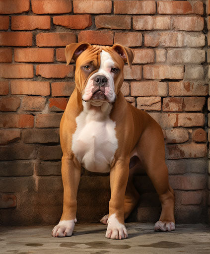 American bulldog on brick wall, dark orange and light maroon style, energetic