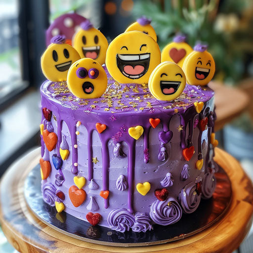 Purple cake with assorted emojis in frosting