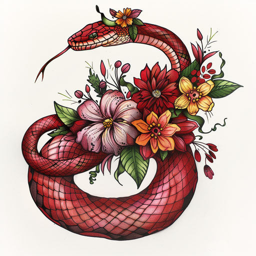 Charming flat tattoo sketch of a red snake with a crown of flowers