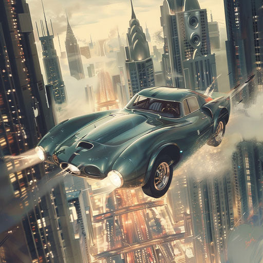 Flying Shelby Daytona with jet engines and retractable wings, soaring above a futuristic cityscape.