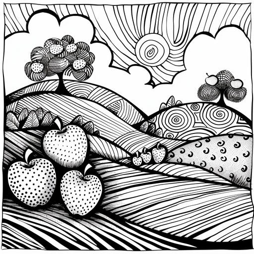 Apples in a whimsical, Dr. Seuss-inspired landscape. Coloring book page
