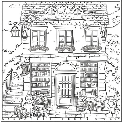 Charming bookstore house with books and cats