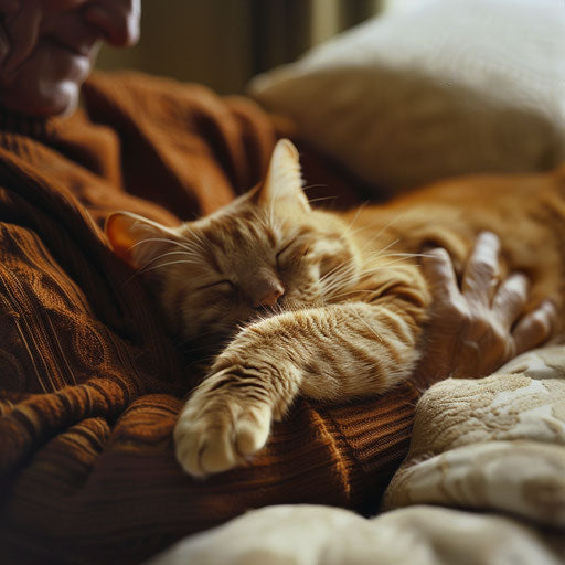 Brown cat asleep on a couch with its owner