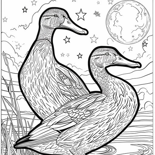 Two ducks under a starry moonlit sky