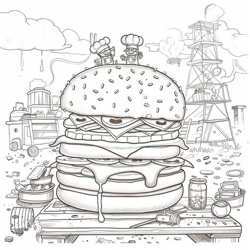 Gourmet burger assembled by little chefs - Coloring page
