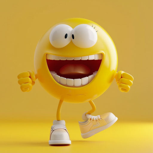 Yellow emoji shouting with white shoes, on solid background, Pixar style
