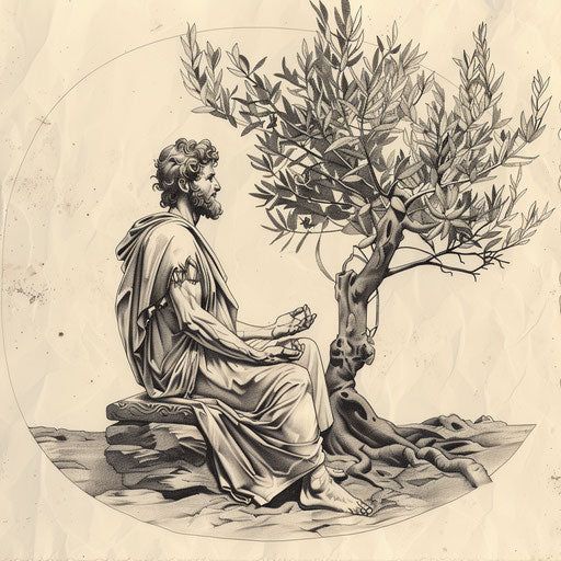 Tranquil tattoo design of Marcus Aurelius meditating by olive tree