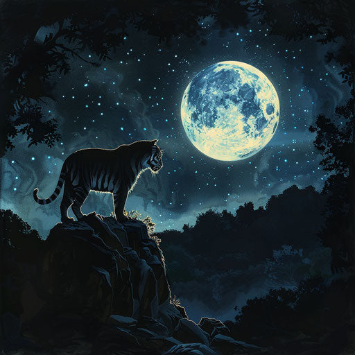 Tiger's silhouette under full moon on rocky outcrop