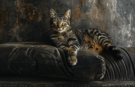 Tabby cat sitting on black couch, bengal style, sumatraism 17:11