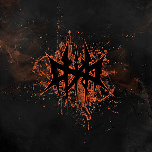 Heavy metal band logo with sharp, aggressive fonts and a dark, smoky background