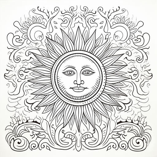 Sun coloring page with hand-drawn elements, pattachitra style