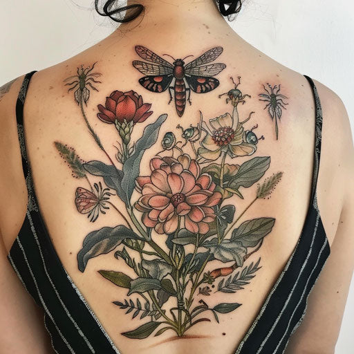 Sibling tattoos with detailed insects and exotic plants