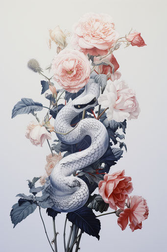Snake on a flower, esoteric symbolism style, realistic and romantic