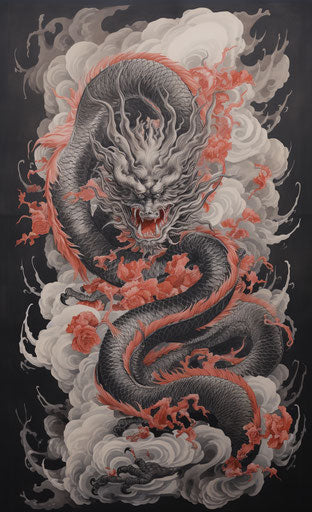 Dragon tattoo in silk painting style, light gray and dark bronze