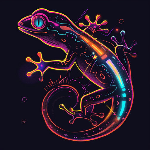 Futuristic flat tattoo sketch with a gecko in glowing neon outlines