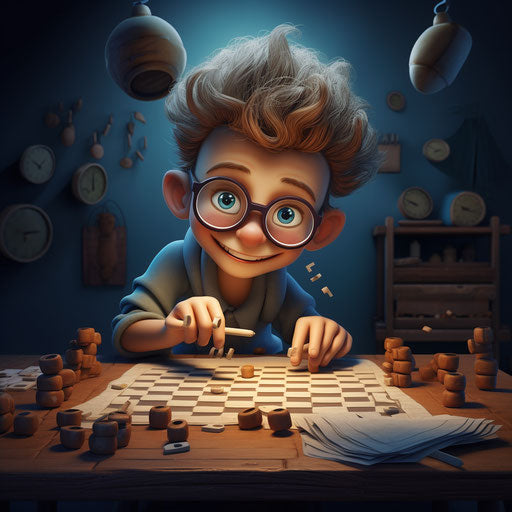 The character with glasses is playing a game, in the style of John Wilhelm, Hergé