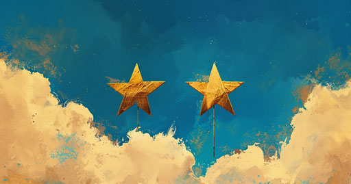 Two stars against a cloudy background, sky-blue and gold style