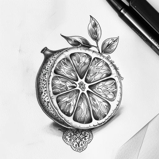 Cultural flat tattoo sketch of a lemon with Mediterranean mosaic tile designs
