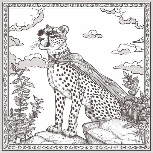 A whimsical scene of a cheetah wearing a superhero cape and mask