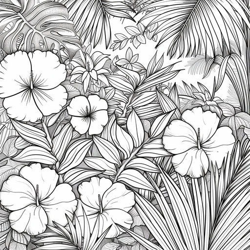 Tropical jungle with exotic flowers and lush greenery