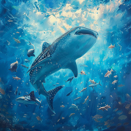 Whale shark migrating with various marine creatures