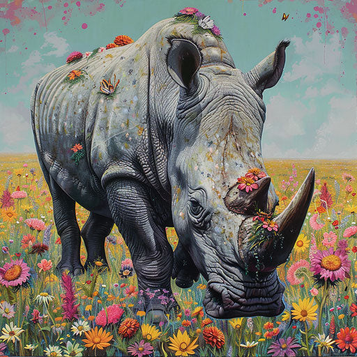 Rhinoceros with vibrant wildflowers