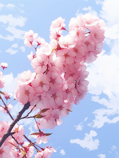 Pink blossoms and blue sky on white background, dark maroon and light green style, warmcore, kuromicore, cranberrycore, hannah flowers, ferrania p30, zen buddhism influence 3:4