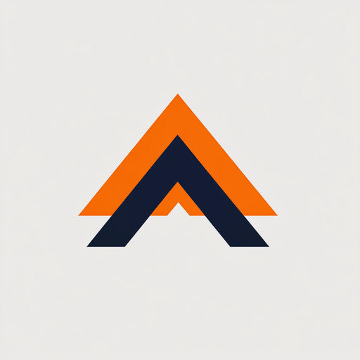 Minimalist logo with sleek arrow integrated with refined typography, vibrant orange and navy blue palette, on flat light gray background.