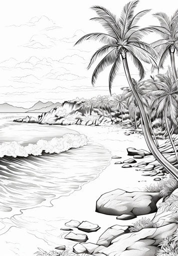 Beach with palm trees and waves, bright comic-style landscapes