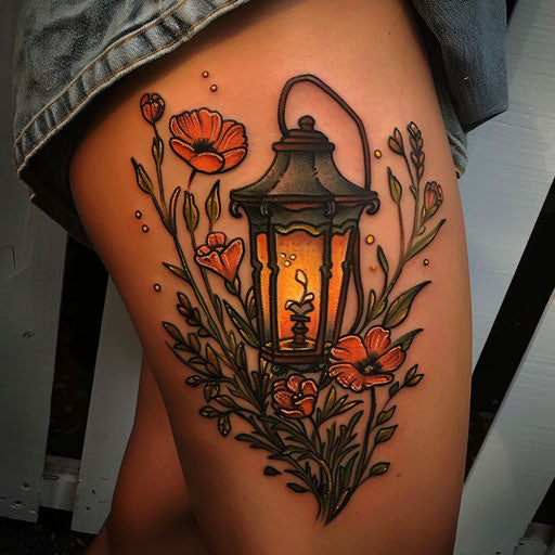 Wildflower tattoo with lantern, glowing effect, warm colors, vintage style